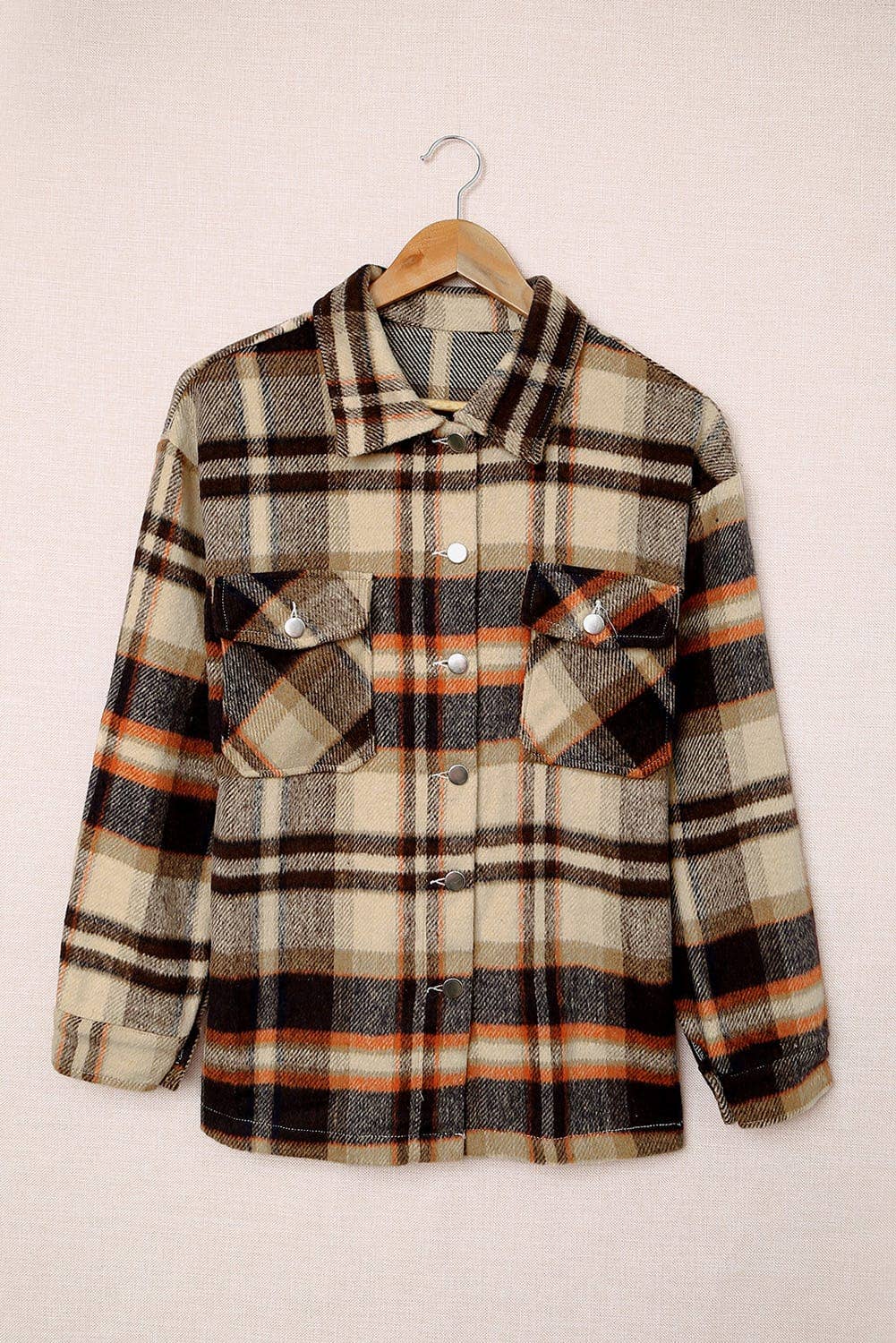 Orange Plaid Long Sleeve Pocketed Shacket