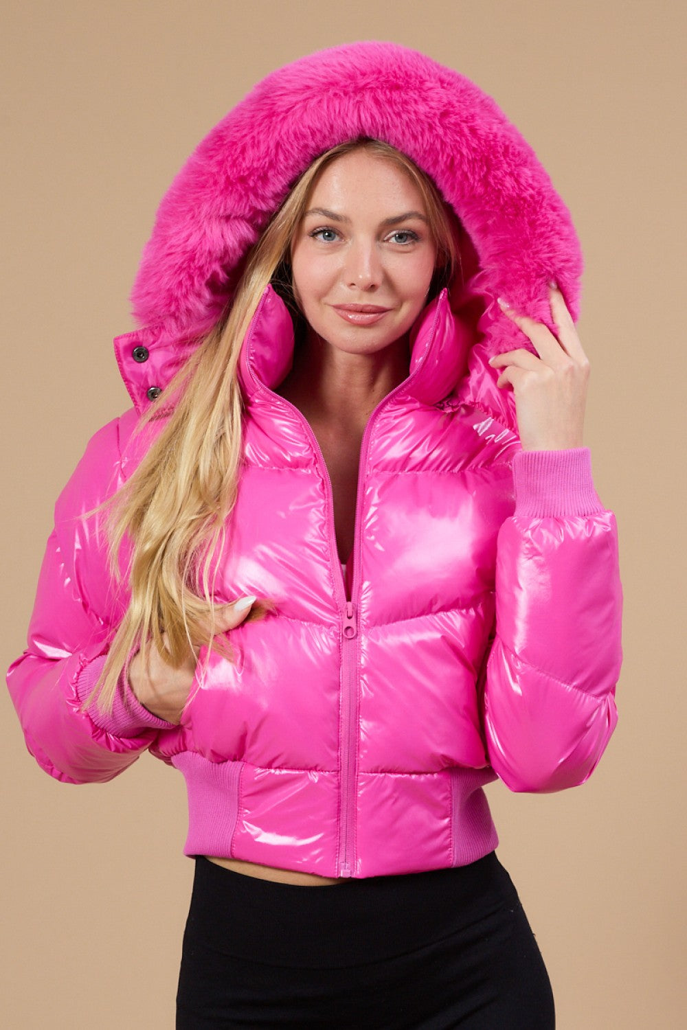 Magenta Faux Fur Trim Hoodie Shiny Puffer