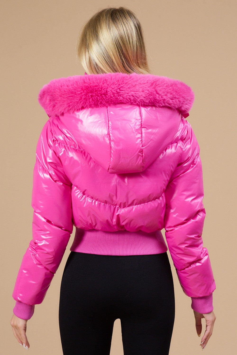 Magenta Faux Fur Trim Hoodie Shiny Puffer