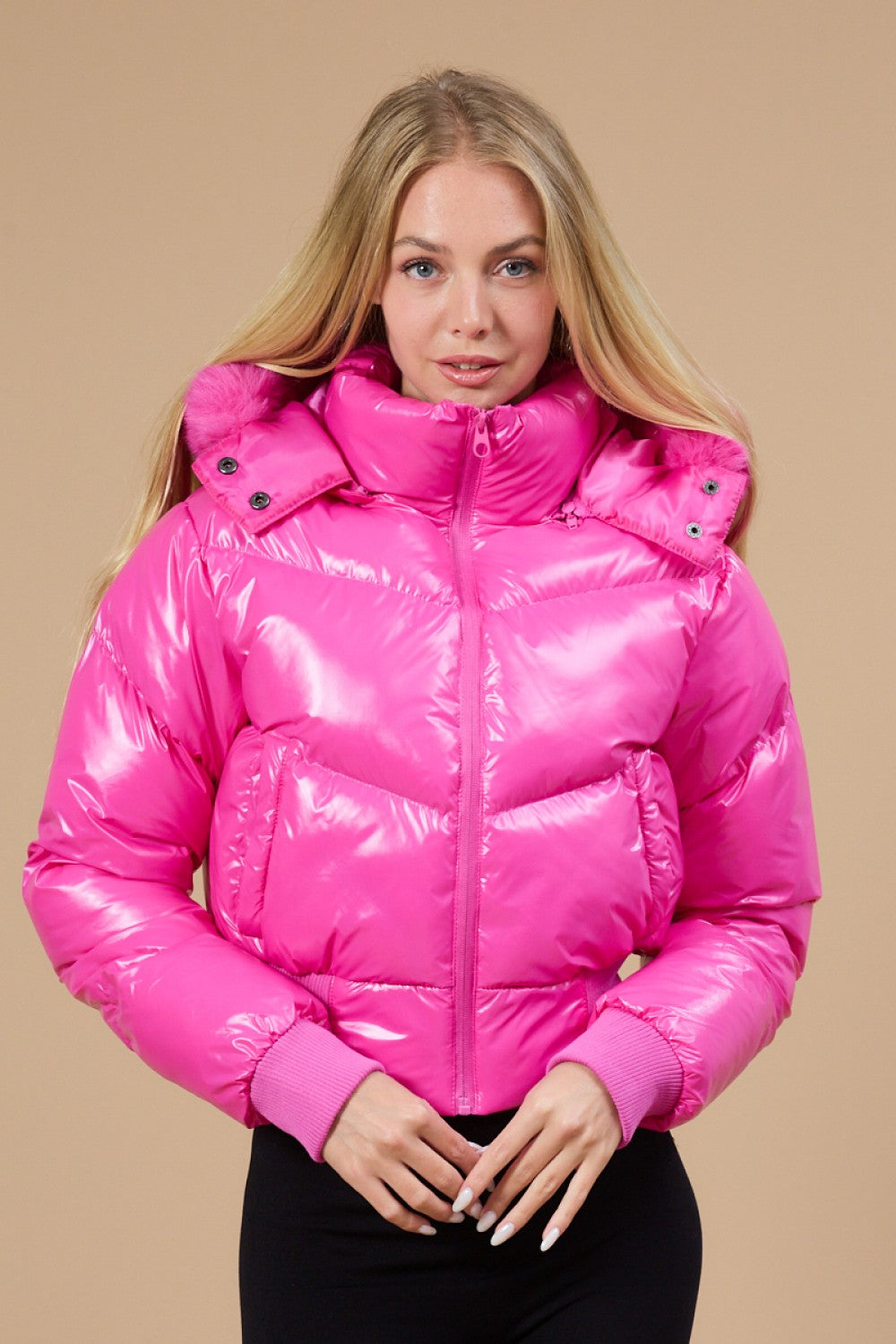 Magenta Faux Fur Trim Hoodie Shiny Puffer