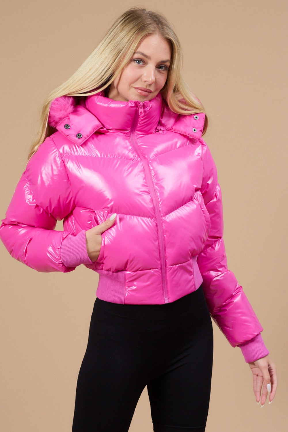 Magenta Faux Fur Trim Hoodie Shiny Puffer