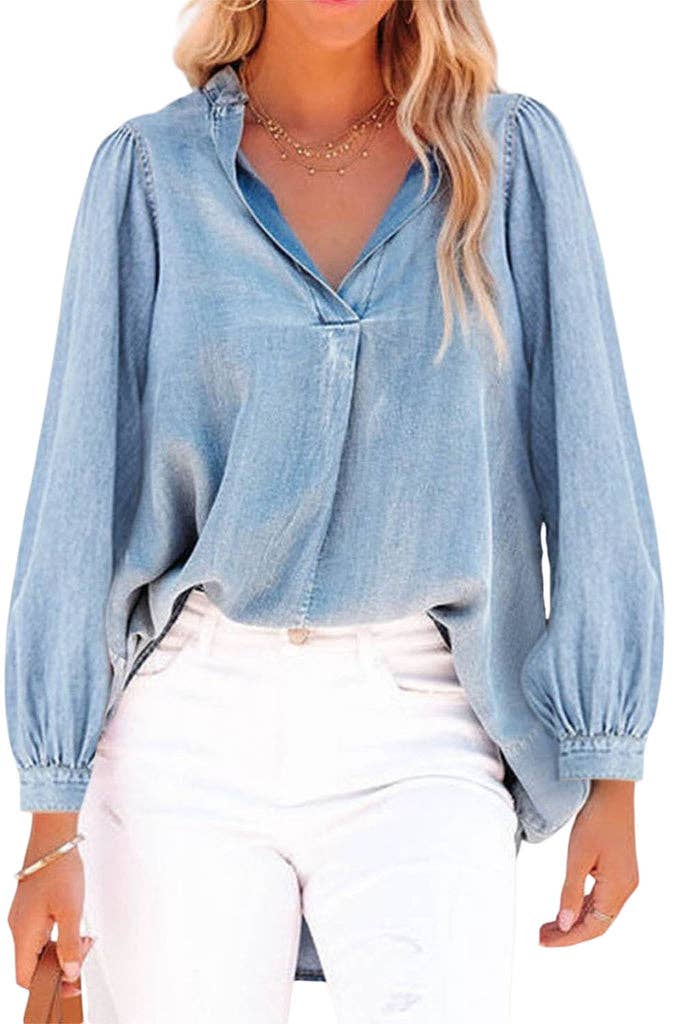 Denim Chambray Ballon Sleeve Top