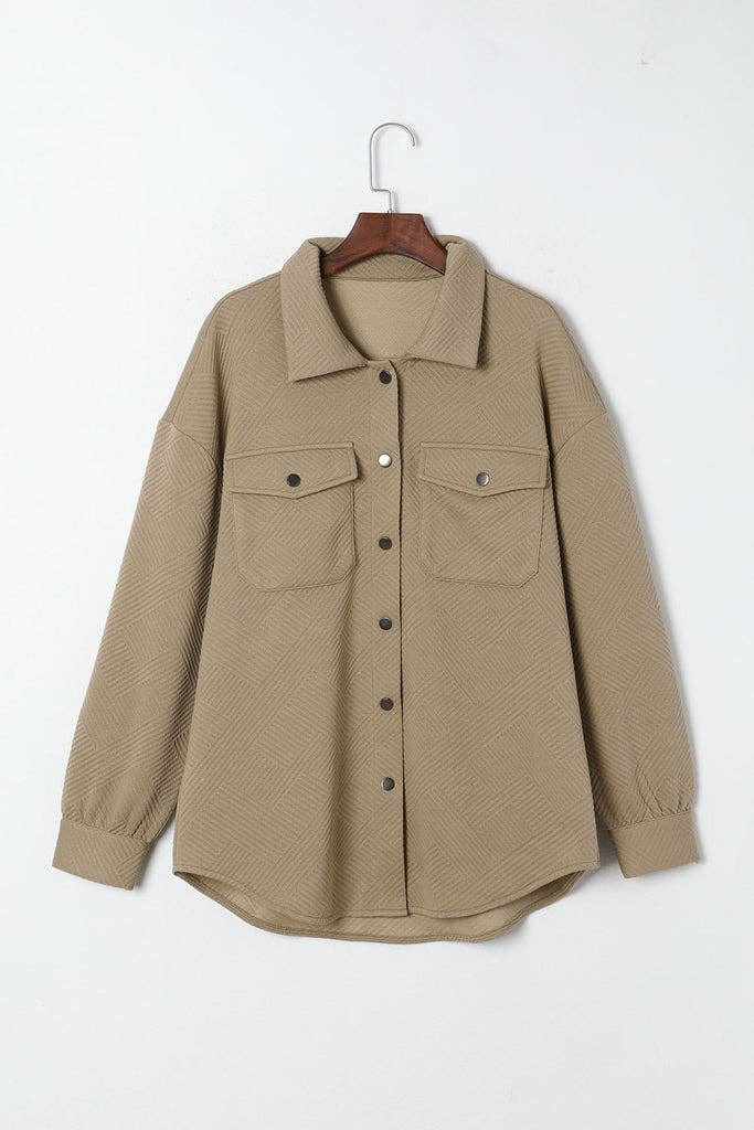 Khaki Geometric Textured Buttoned Shacket w/Pockets