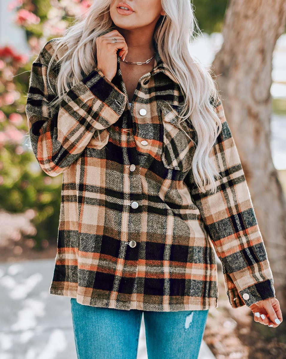 Orange Plaid Long Sleeve Pocketed Shacket