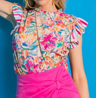 Abstract Ruffled Short Sleeve Blouse