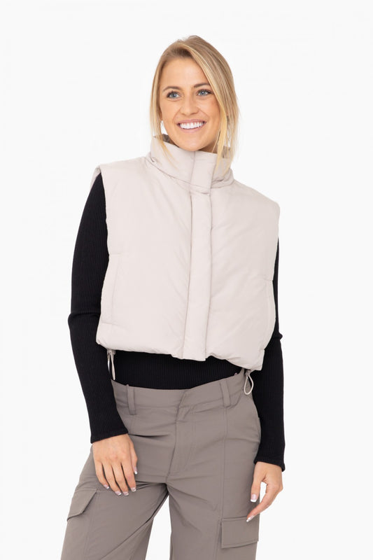 Natural Cropped High Neck Puffer Vest