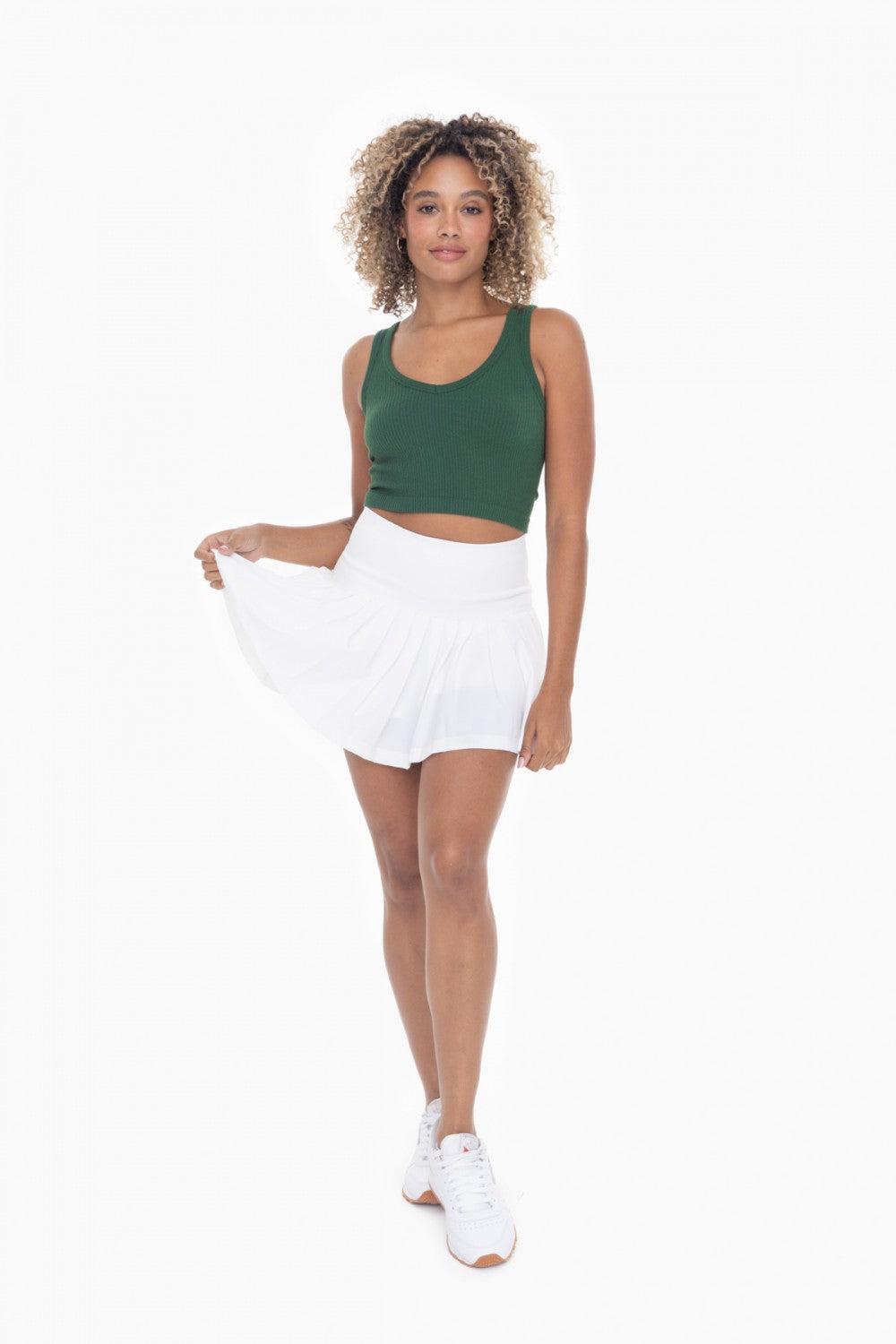 White Pleated Ribbed Waistband Tennis Skirt