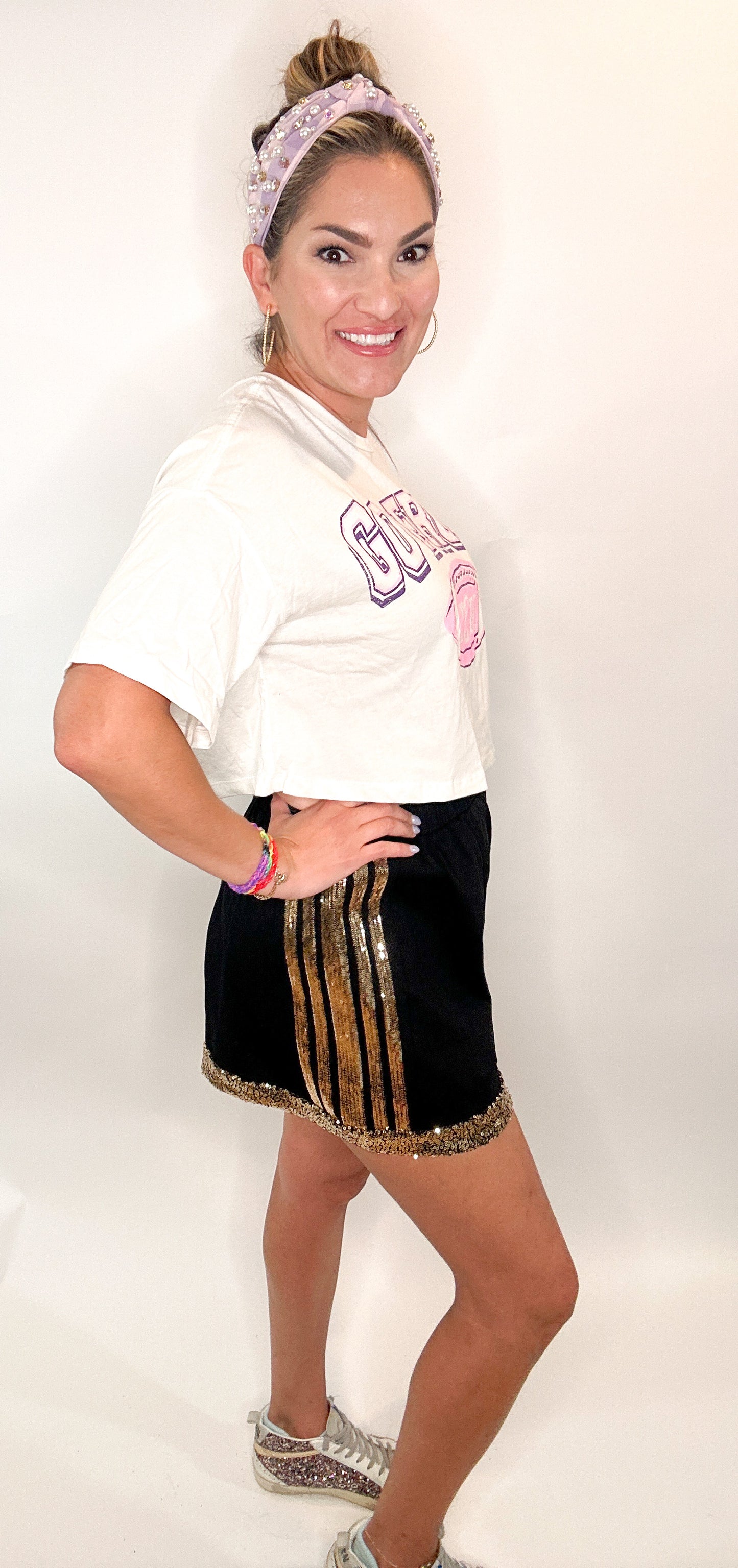 Black Game Day Gold Sequin Stripe Shorts