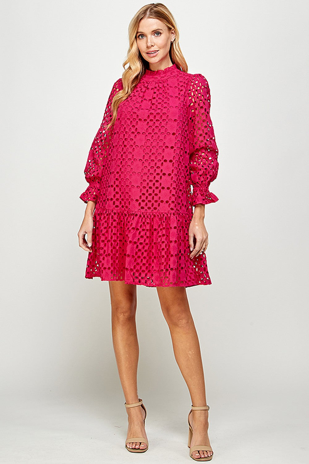 Magenta Eyelet Long Sleeve Dress