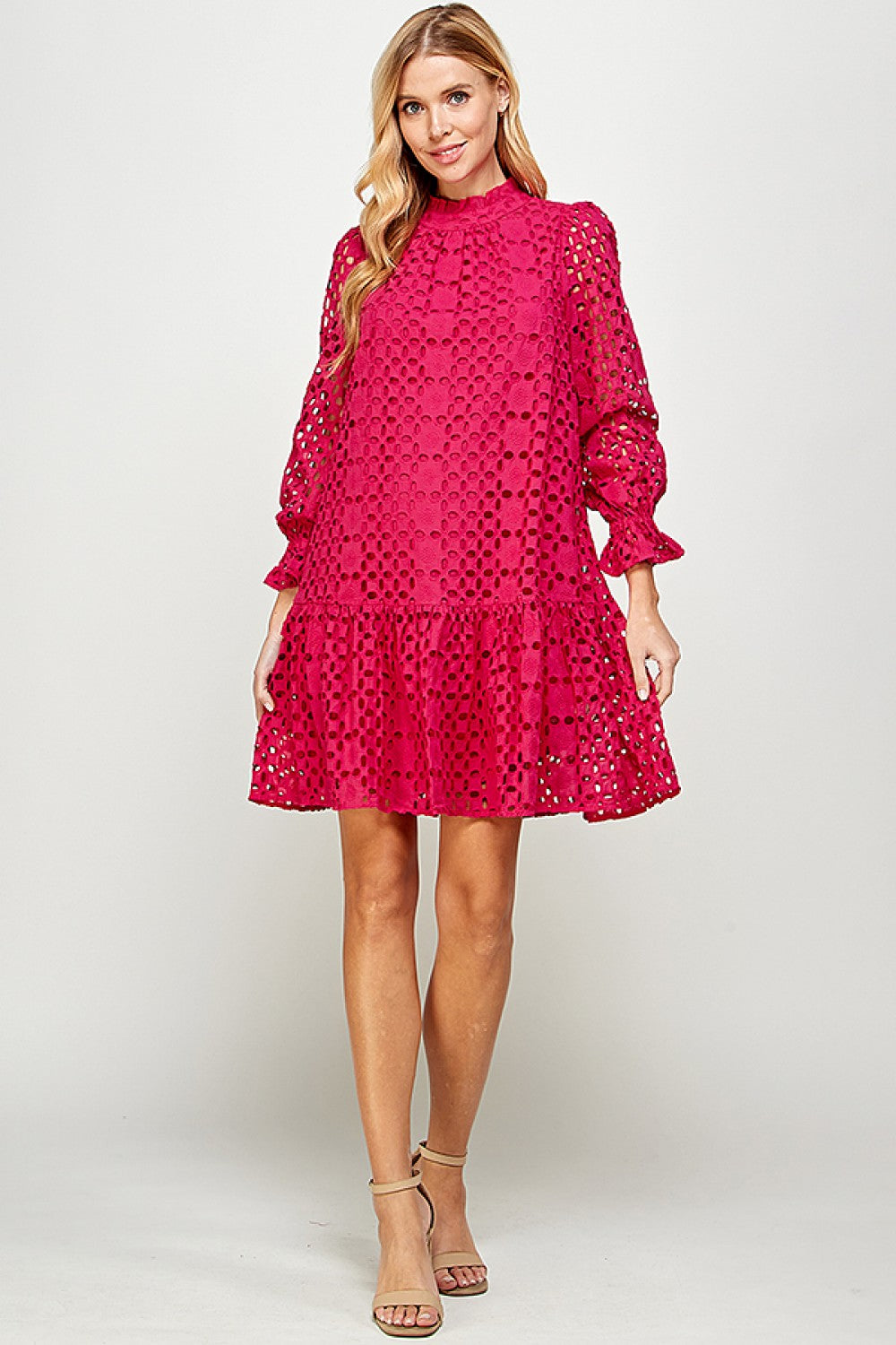 Magenta Eyelet Long Sleeve Dress