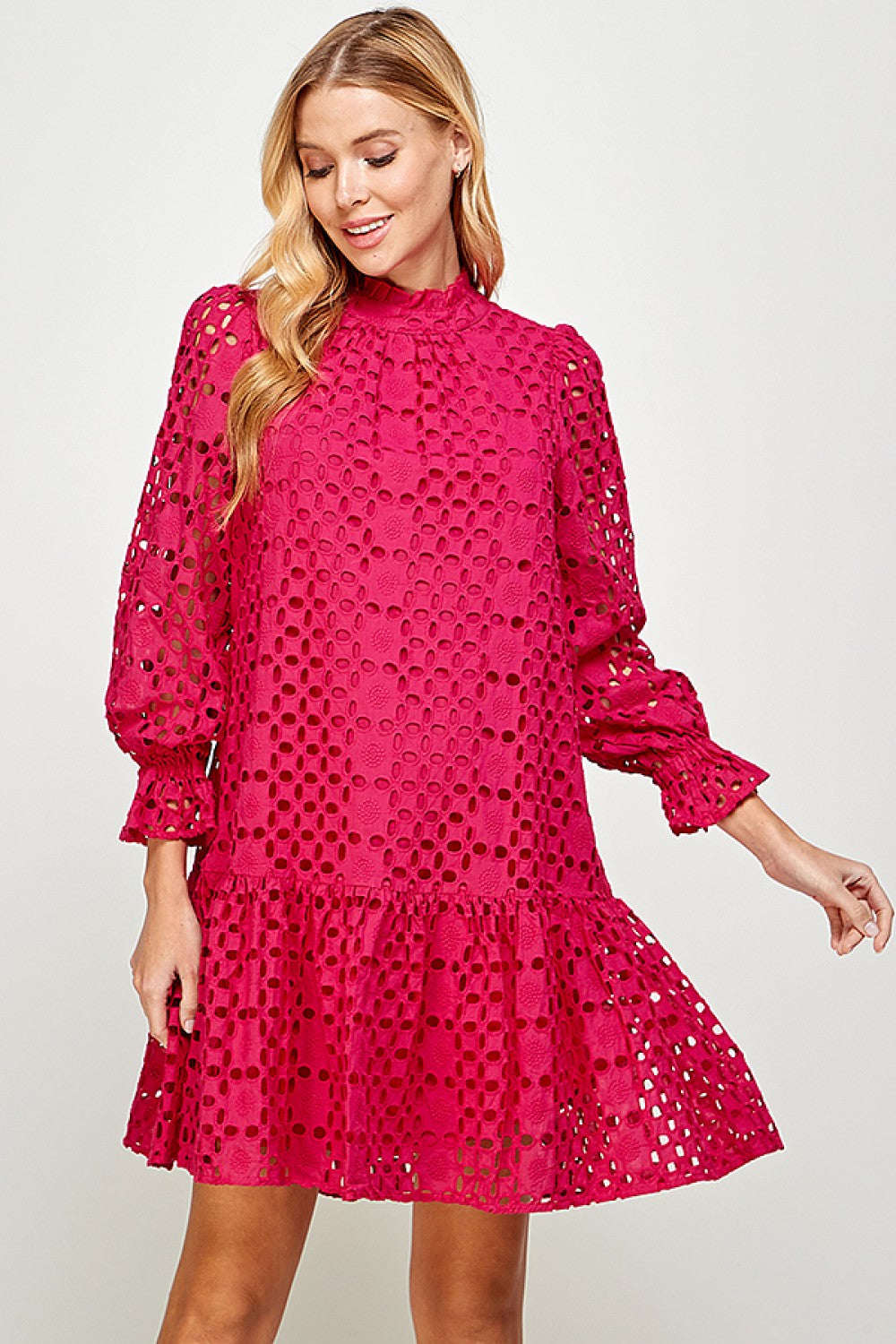 Magenta Eyelet Long Sleeve Dress