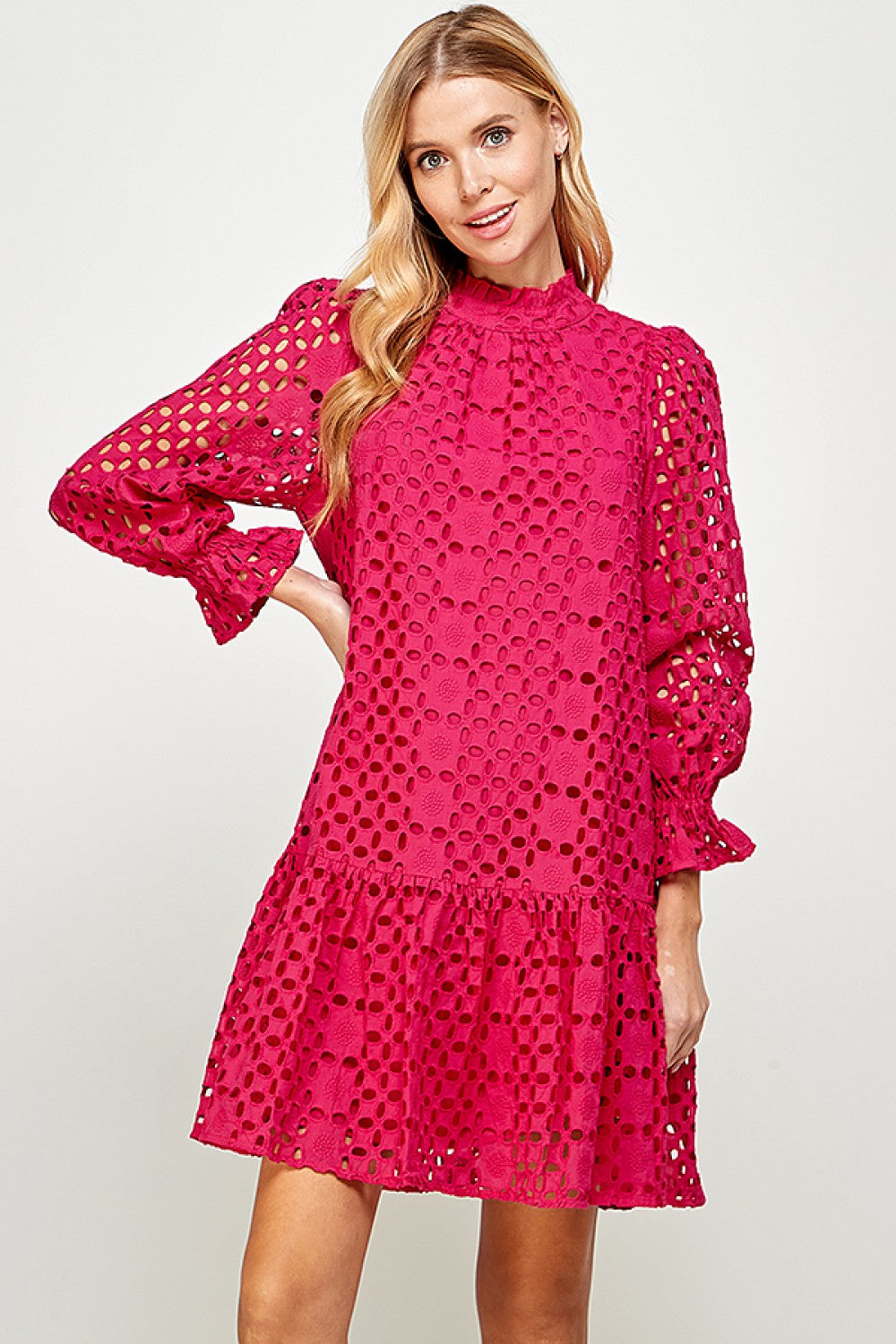 Magenta Eyelet Long Sleeve Dress