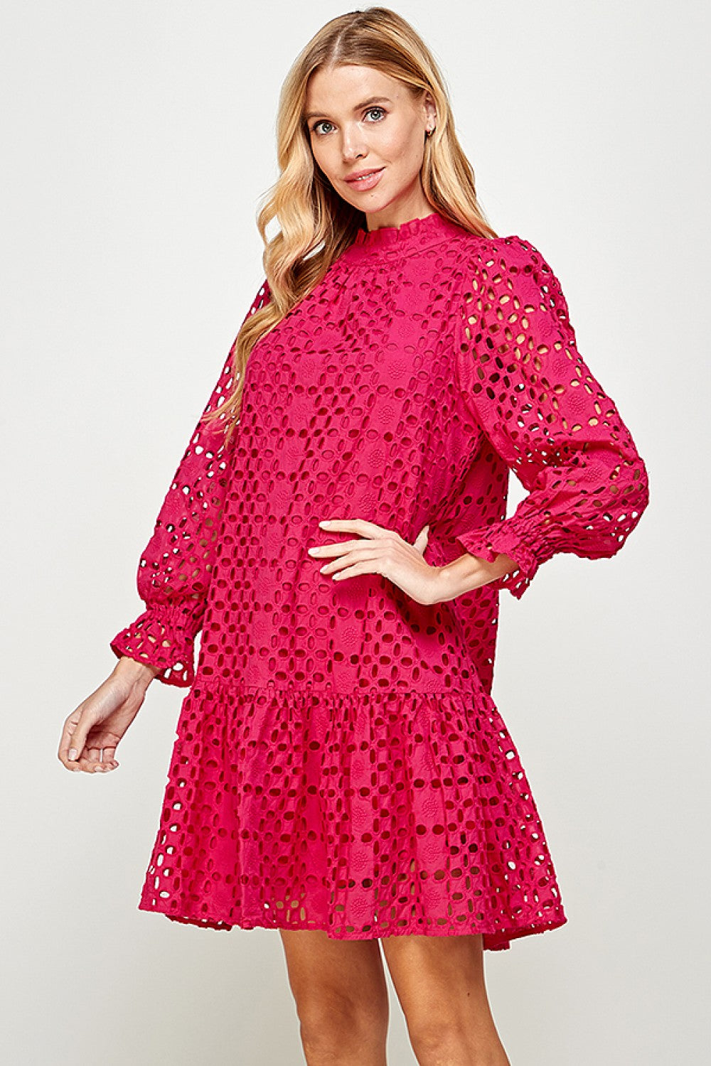 Magenta Eyelet Long Sleeve Dress