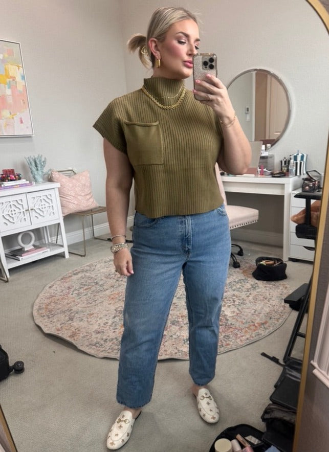 Olive Ribbed Mock Neck Cropped Sweater