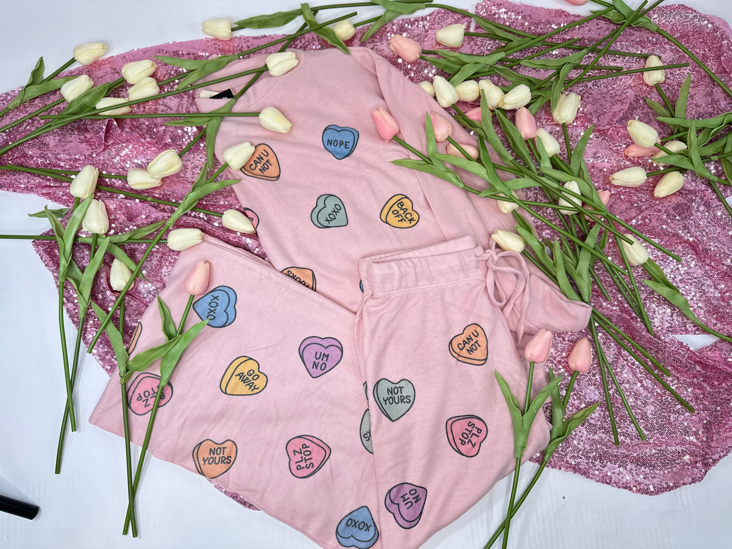 Pink Loungewear Set- Conversation Hearts