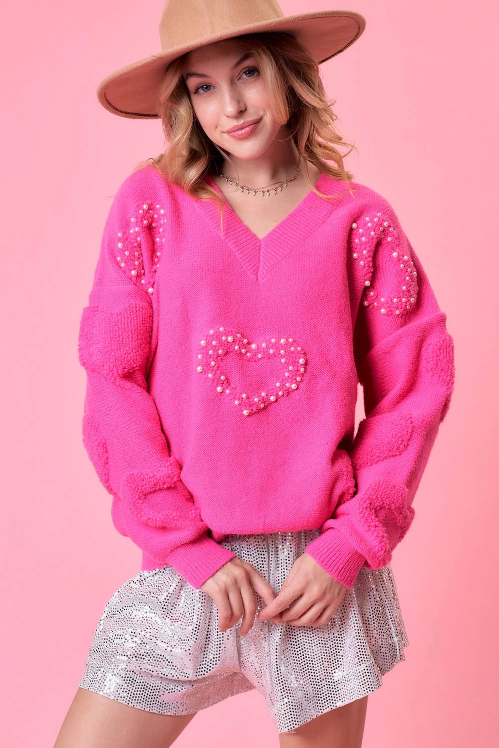 Pink Heart Pearl Trim Sweater