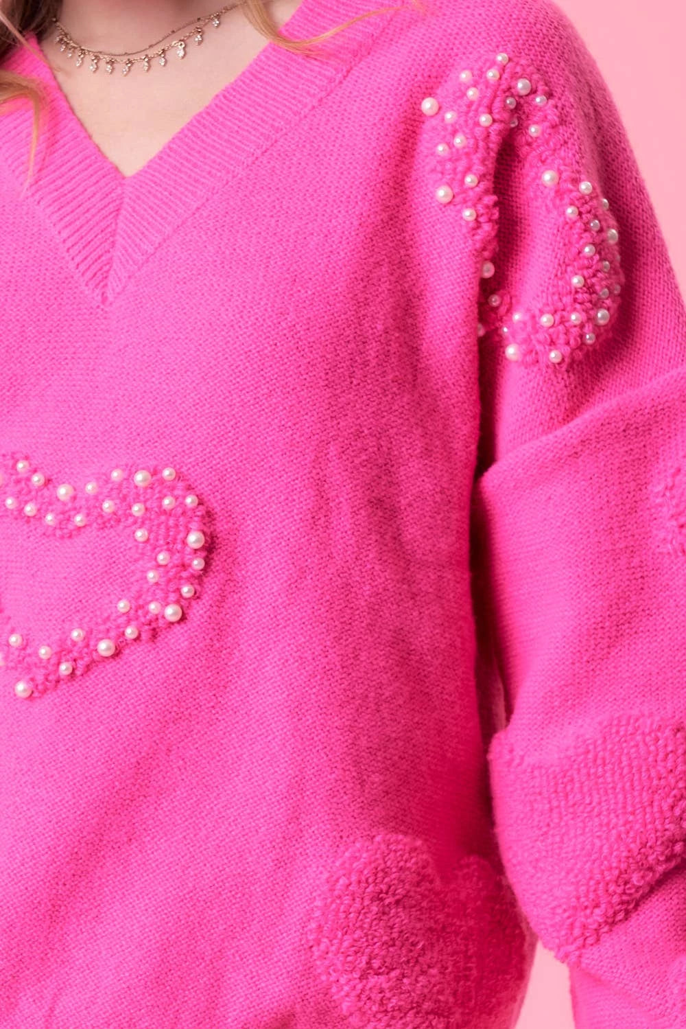 Pink Heart Pearl Trim Sweater