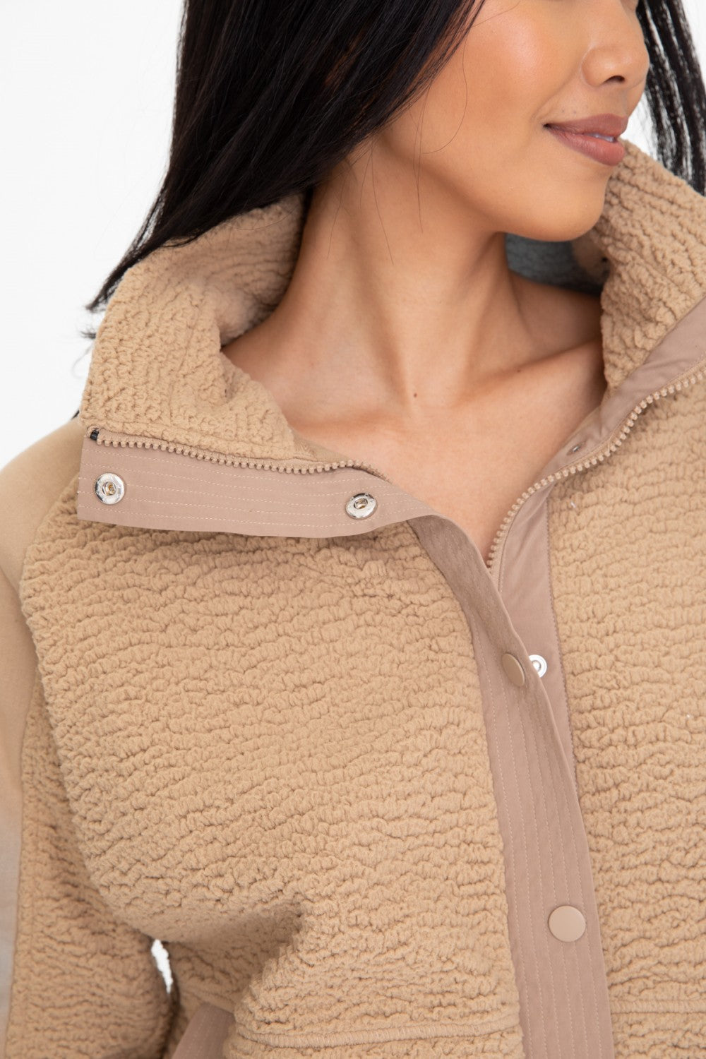 Camel Front Snap Boyfriend Fit Sherpa Jacket