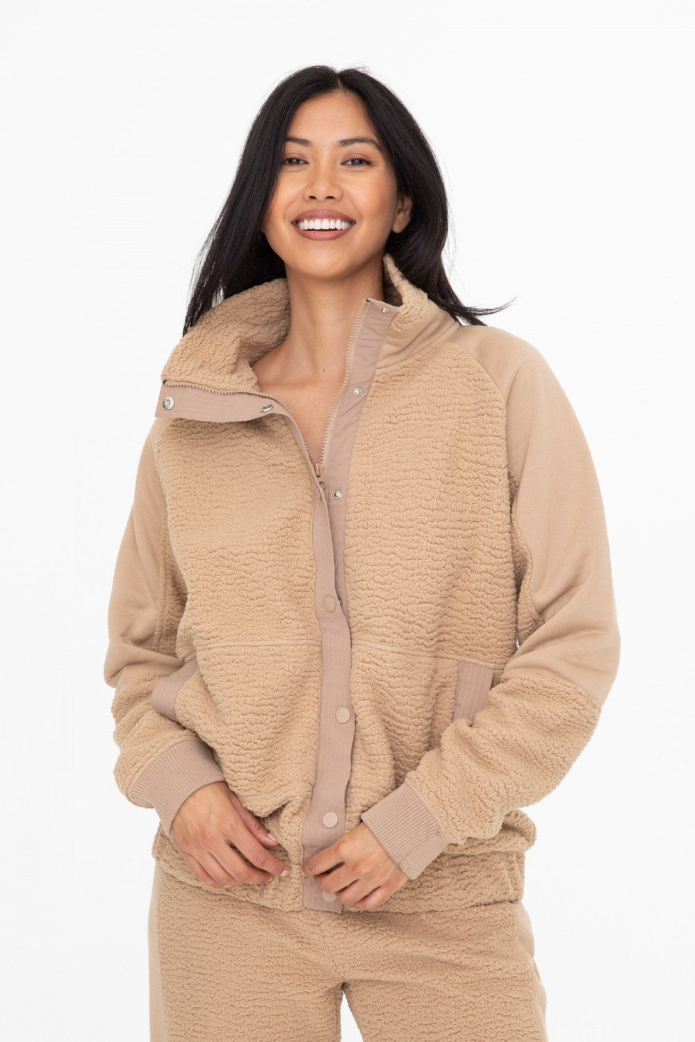 Camel Front Snap Boyfriend Fit Sherpa Jacket