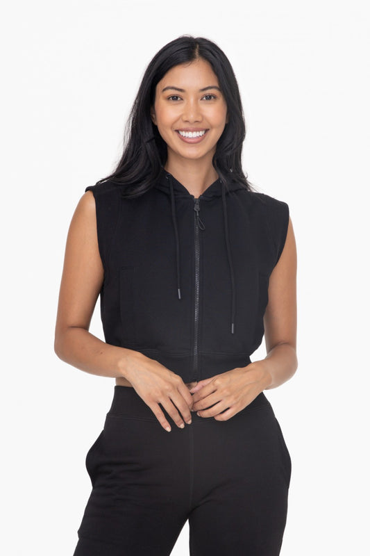 Black Brushed Fleece Cropped Hooded Vest