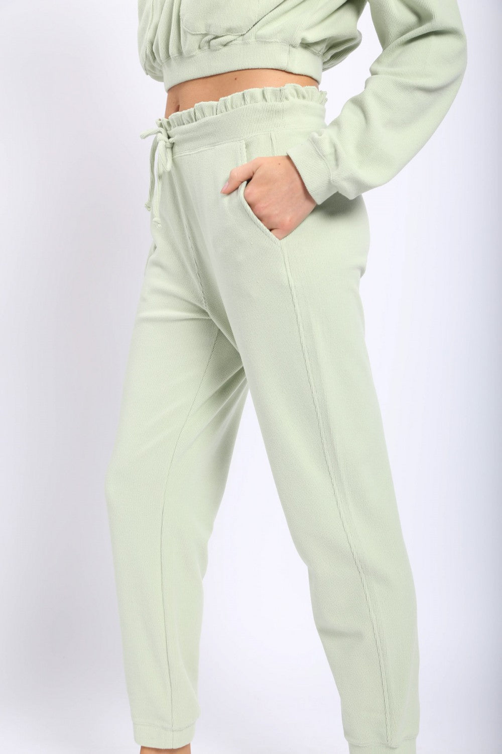 Sage Ribbed Joggers with ruffle Waistband