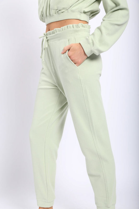 Sage Ribbed Joggers with ruffle Waistband