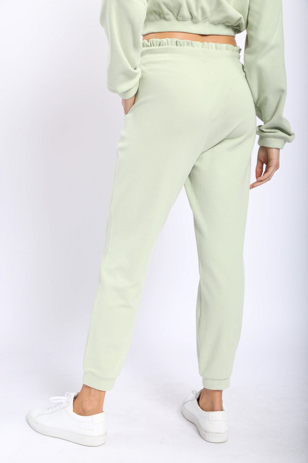 Sage Ribbed Joggers with ruffle Waistband