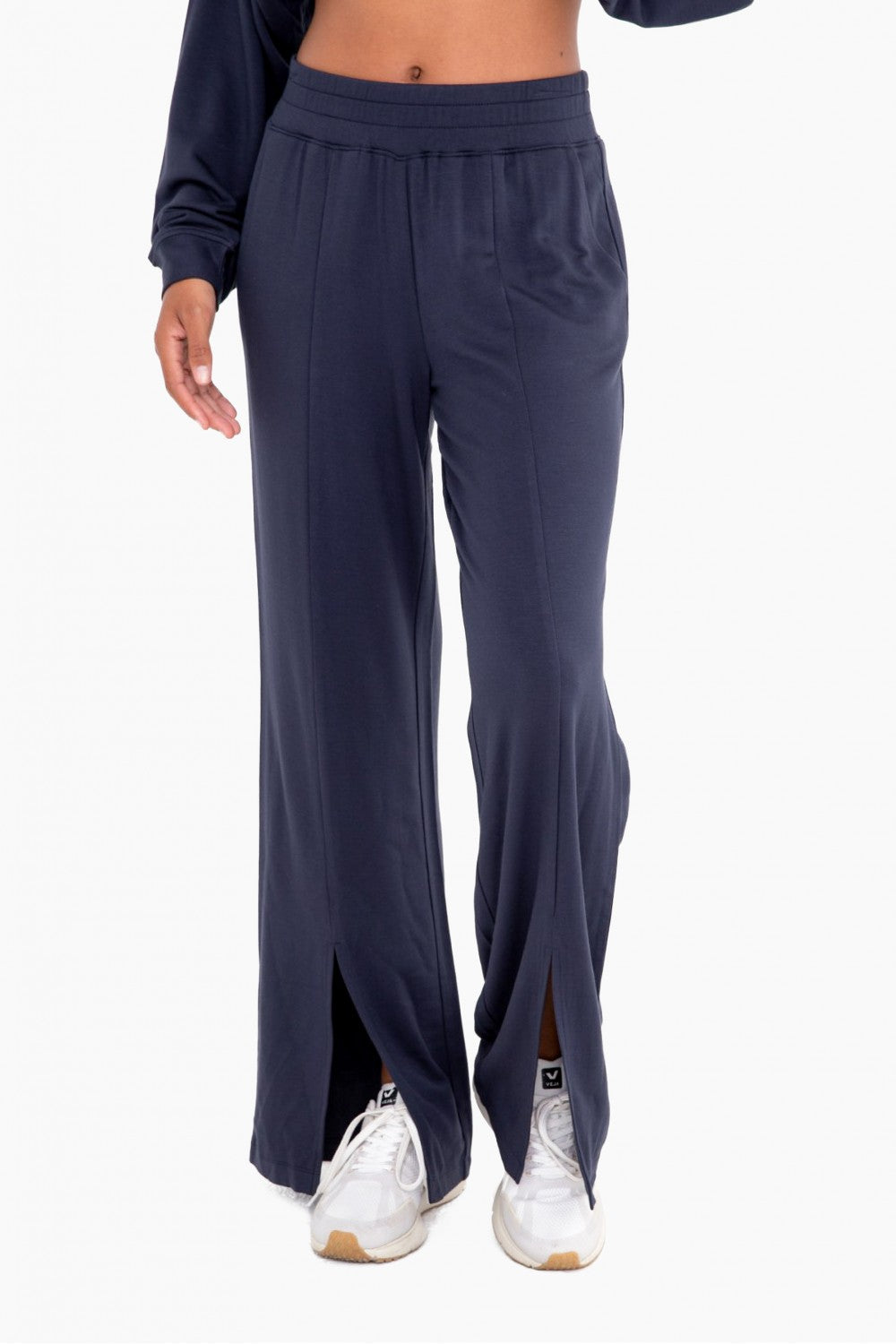 Navy Wide Leg Pants with Bottom Slit
