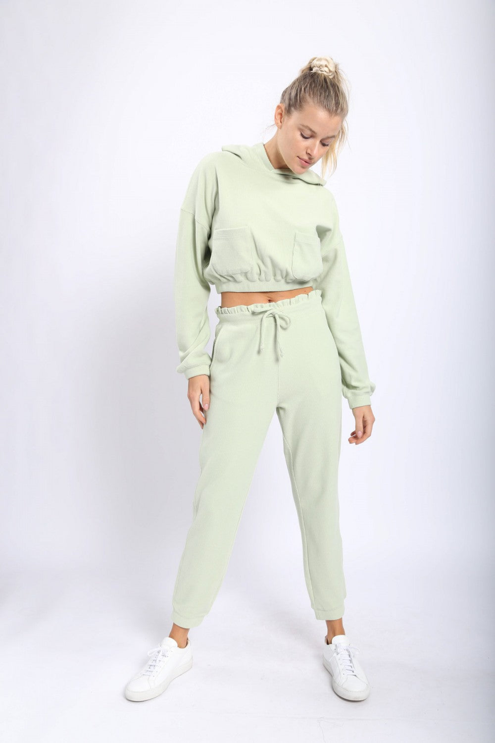 Sage Ribbed Joggers with ruffle Waistband