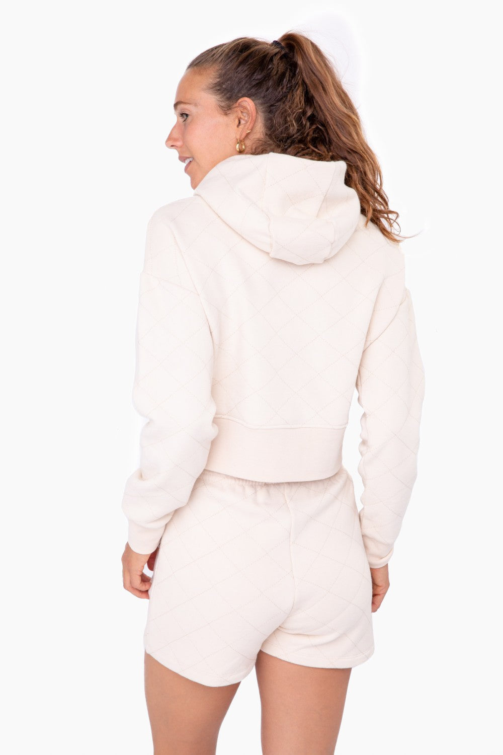 Cream Quilted Drawstring Hoodie