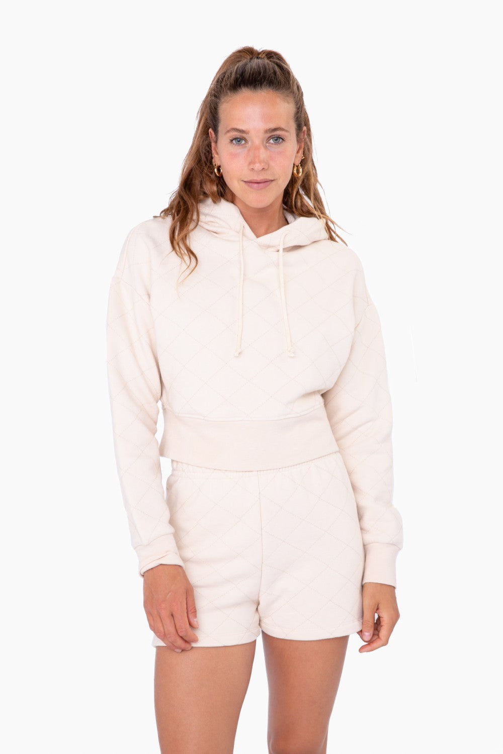 Cream Quilted Drawstring Hoodie