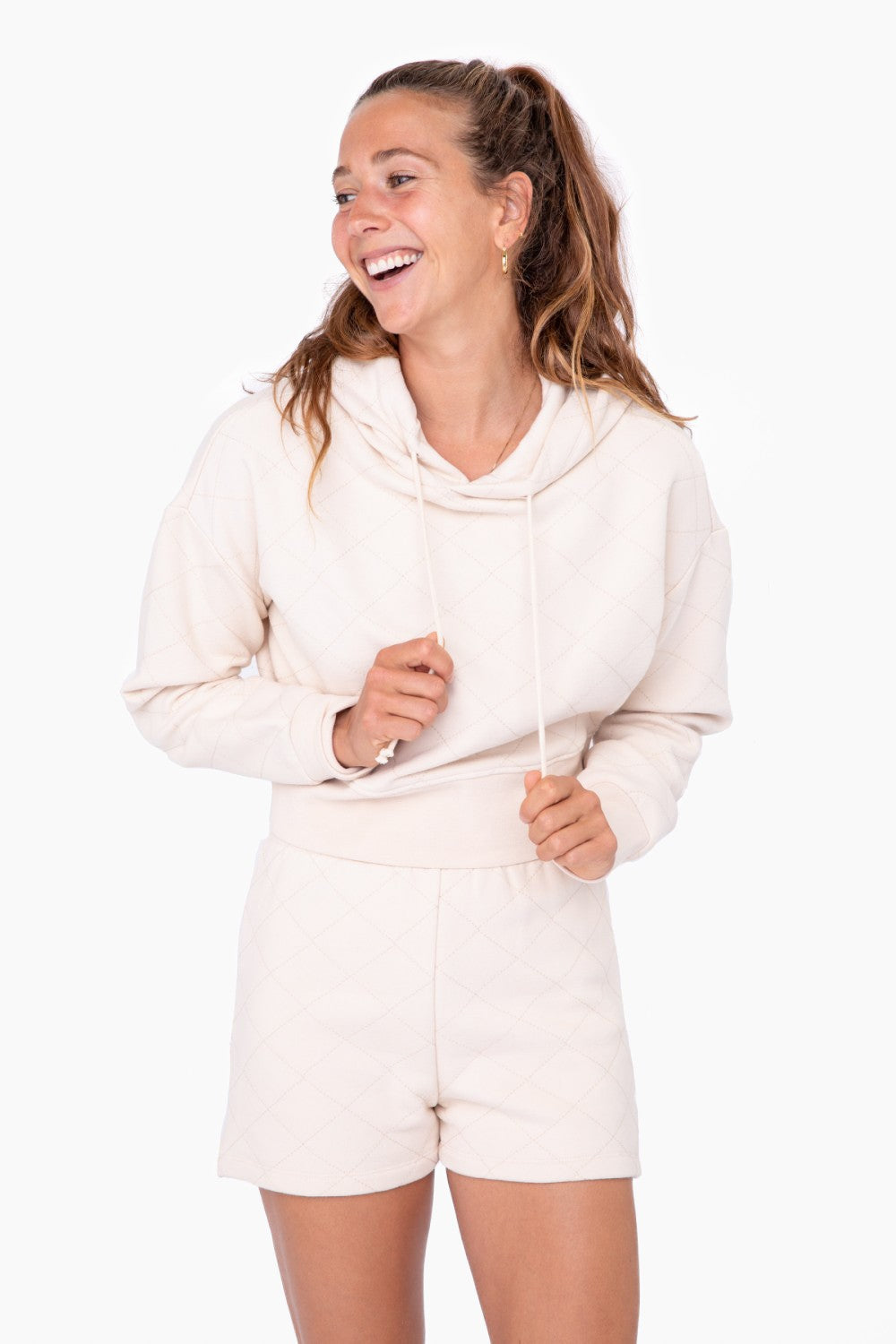 Cream Quilted Drawstring Hoodie