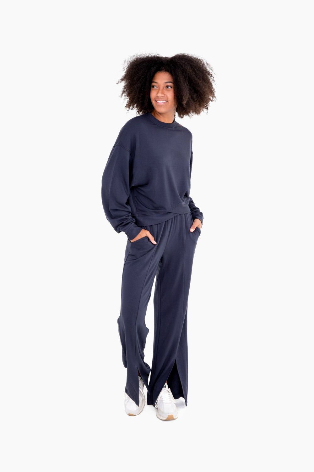 Navy Wide Leg Pants with Bottom Slit