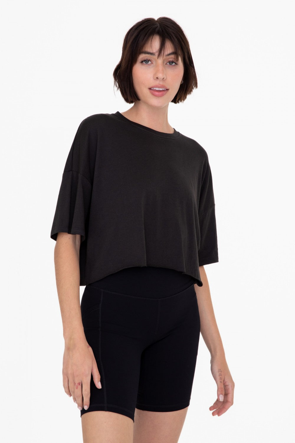 Black Relaxed Fit Raw Edge Cropped Tee