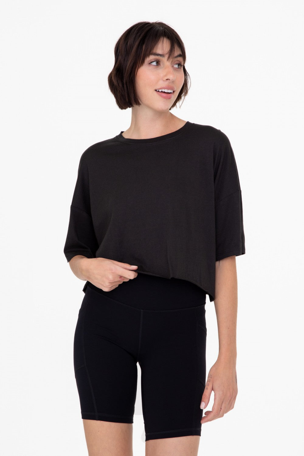 Black Relaxed Fit Raw Edge Cropped Tee