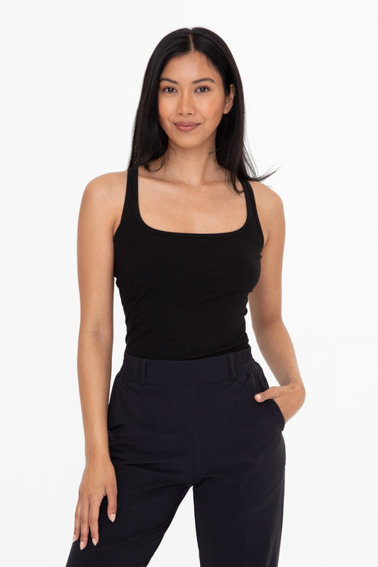 Black Square Neck Ribbed Tank Top