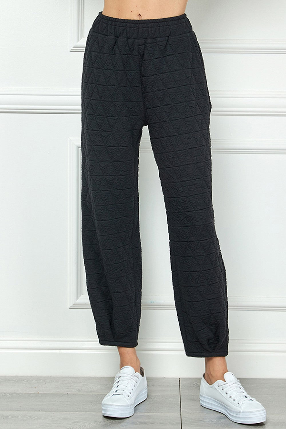 Black Quilted Tucked Joggers