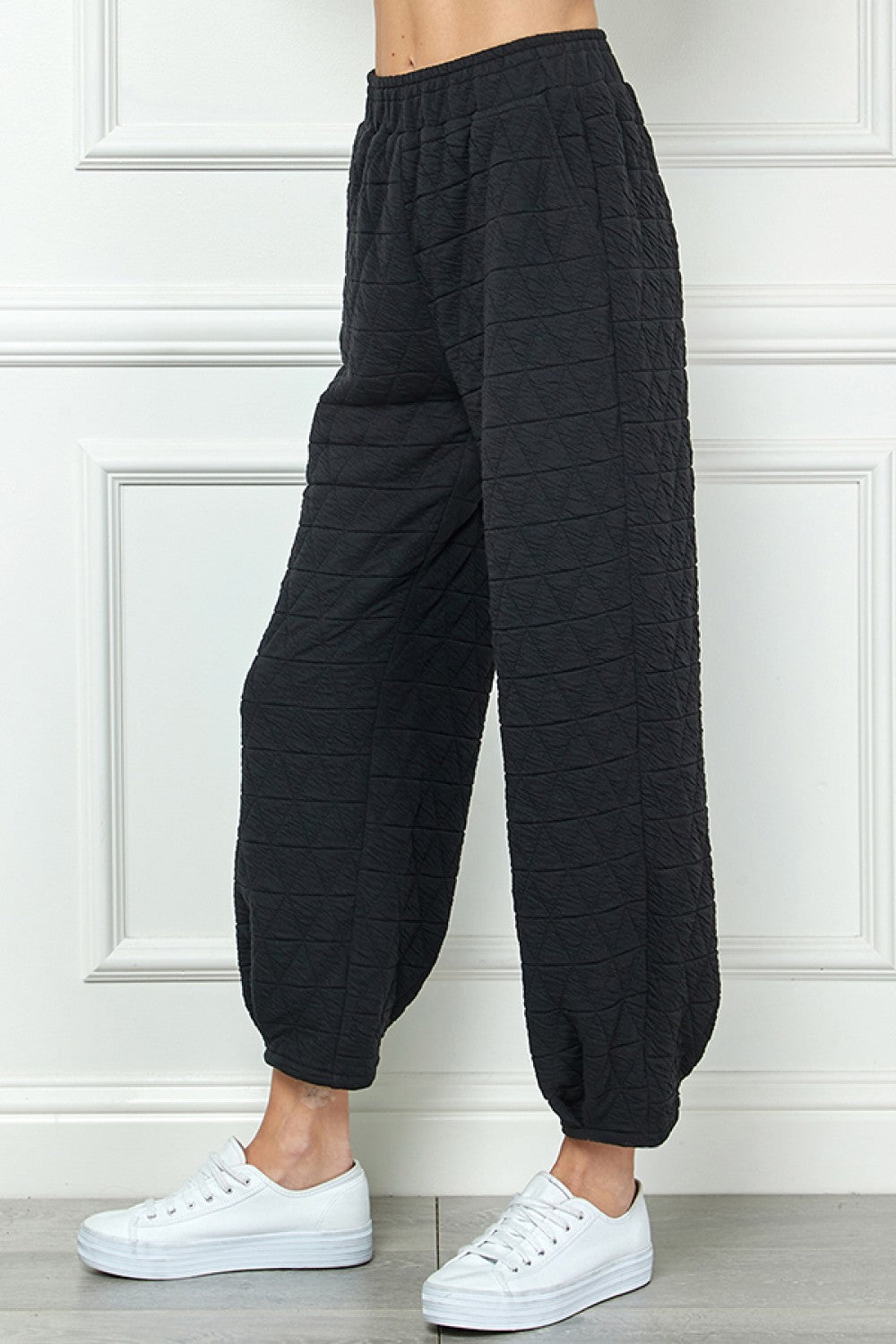 Black Quilted Tucked Joggers