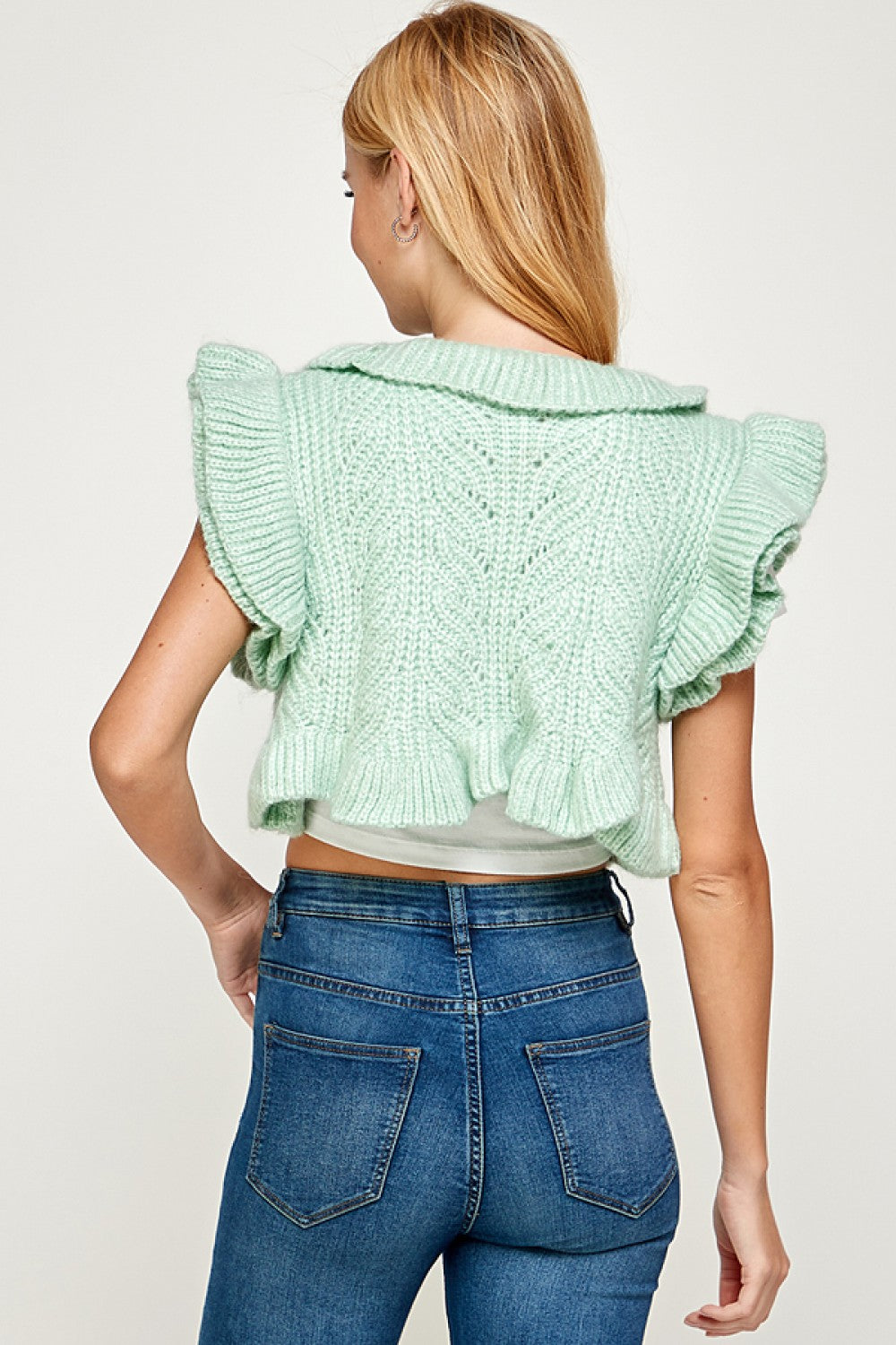 Mint Double Ruffled Cropped Sweater Shrug Vest