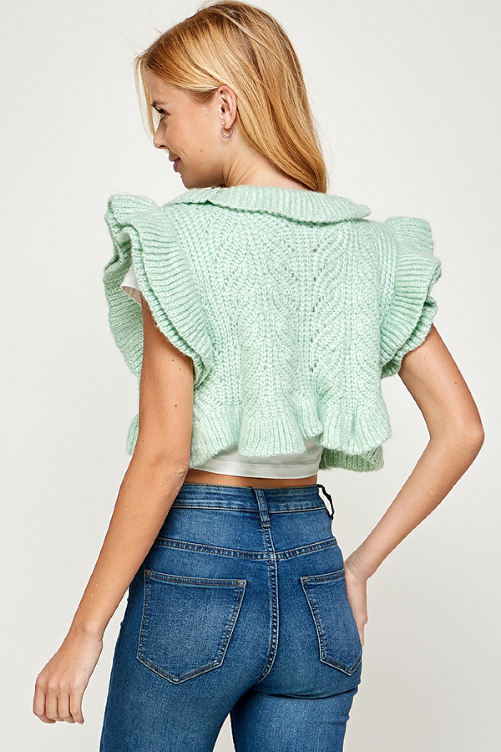 Mint Double Ruffled Cropped Sweater Shrug Vest