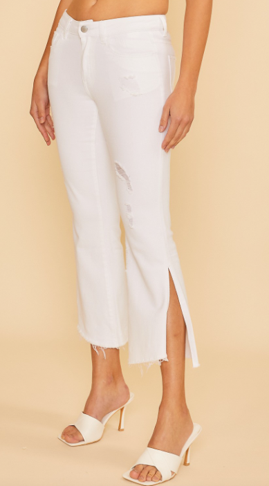 Mid Rise Crop Mini Flare Side Slit White Pant