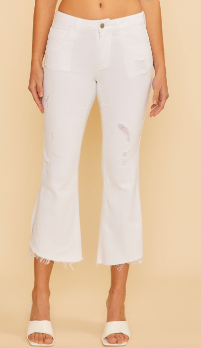 Mid Rise Crop Mini Flare Side Slit White Pant