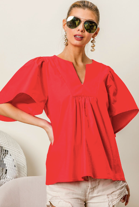 RED Poplin Puff Sleeve Top