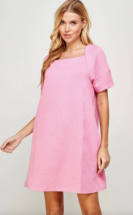 Bubble Gum Pink Textured Puff Sleeve Dress