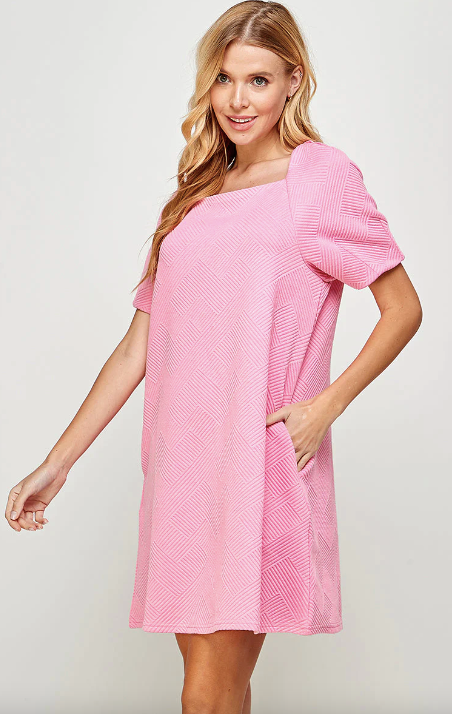 Bubble Gum Pink Textured Puff Sleeve Dress