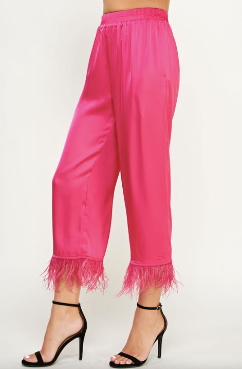 Fuchsia Feather Trimmed Pants