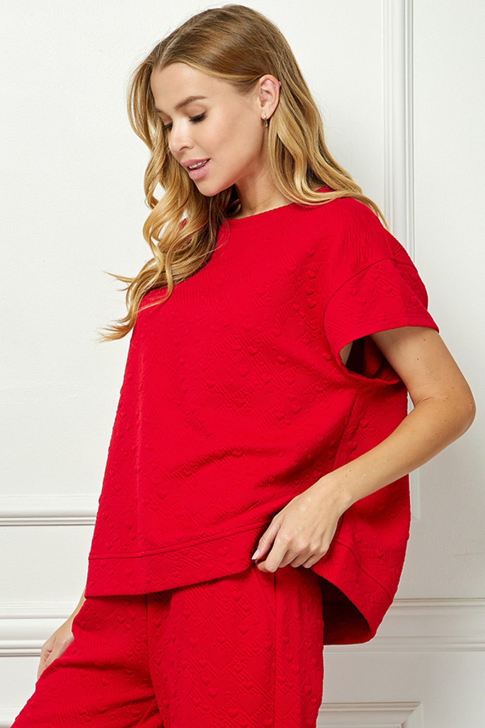 Red Heart Textured Short Sleeve Lounge Top