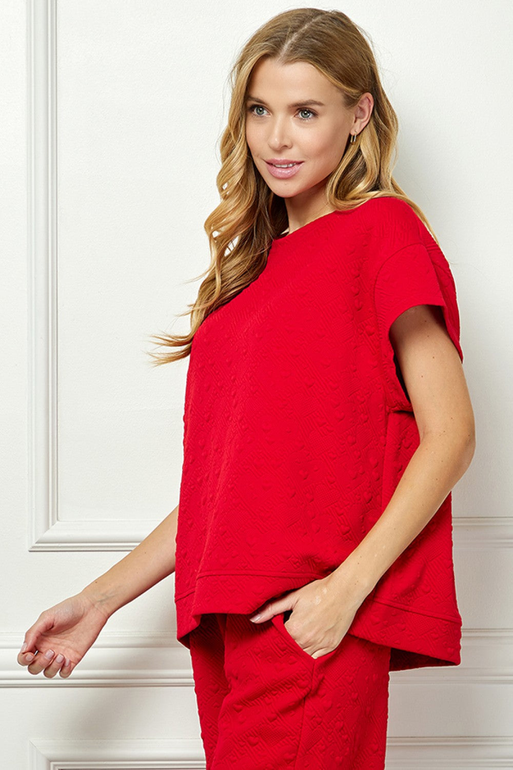 Red Heart Textured Short Sleeve Lounge Top