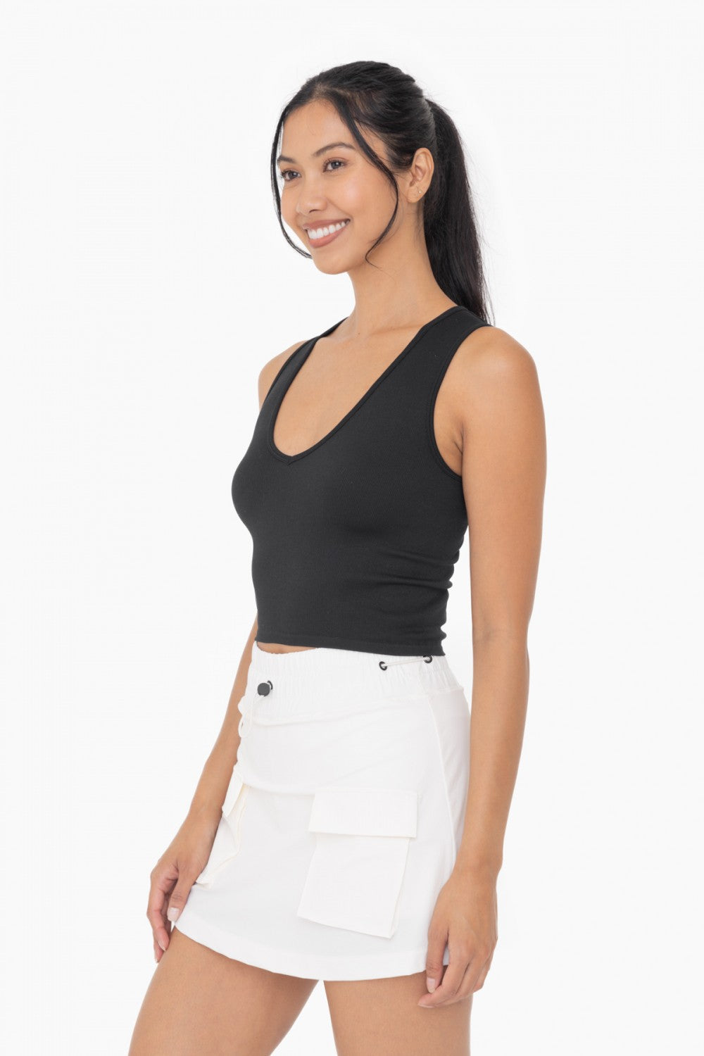 Black Seamless Ribbed V-Neck Crop Top