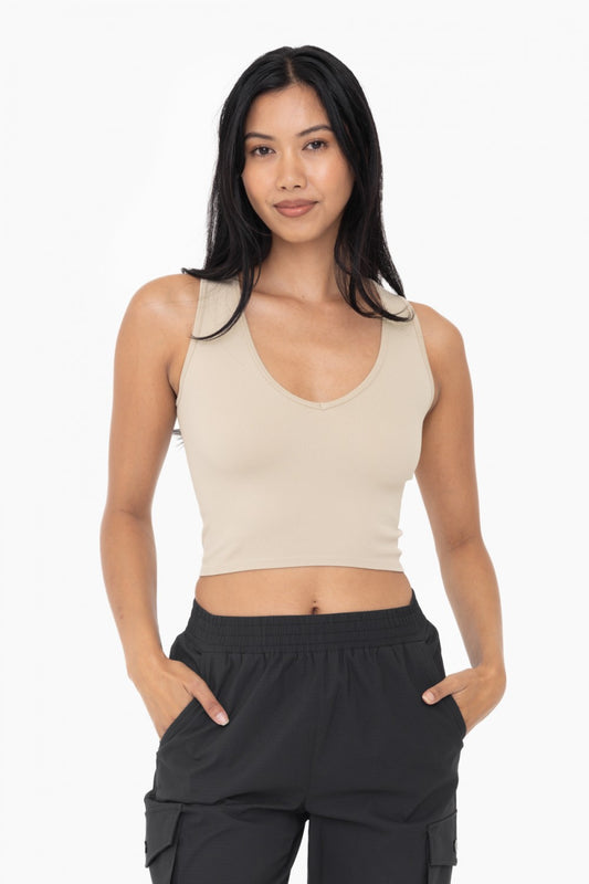 Green Khaki Seamless Ribbed V-Neck Crop Top